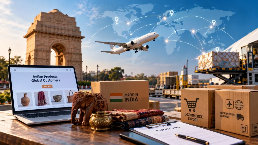 Cross-border e-commerce exports from India with international shipping and export logistics