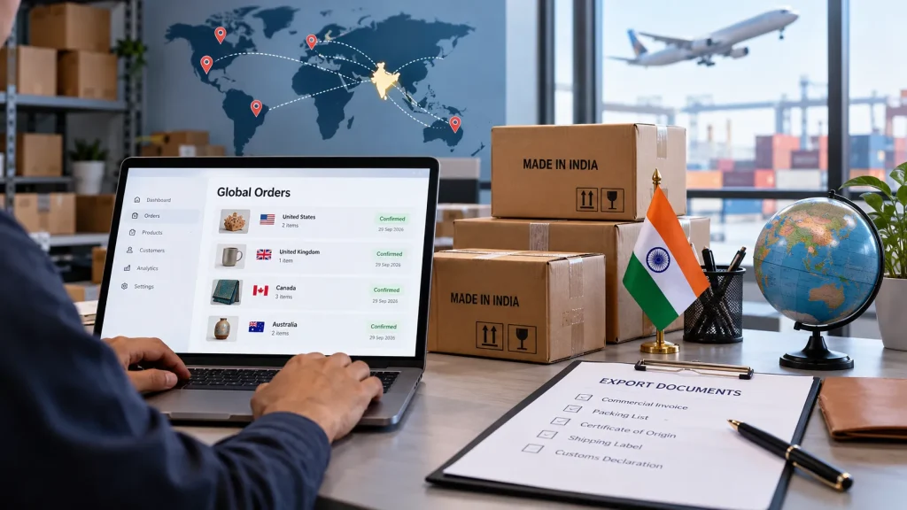 Cross-border e-commerce exports from India with international shipping and export logistics
