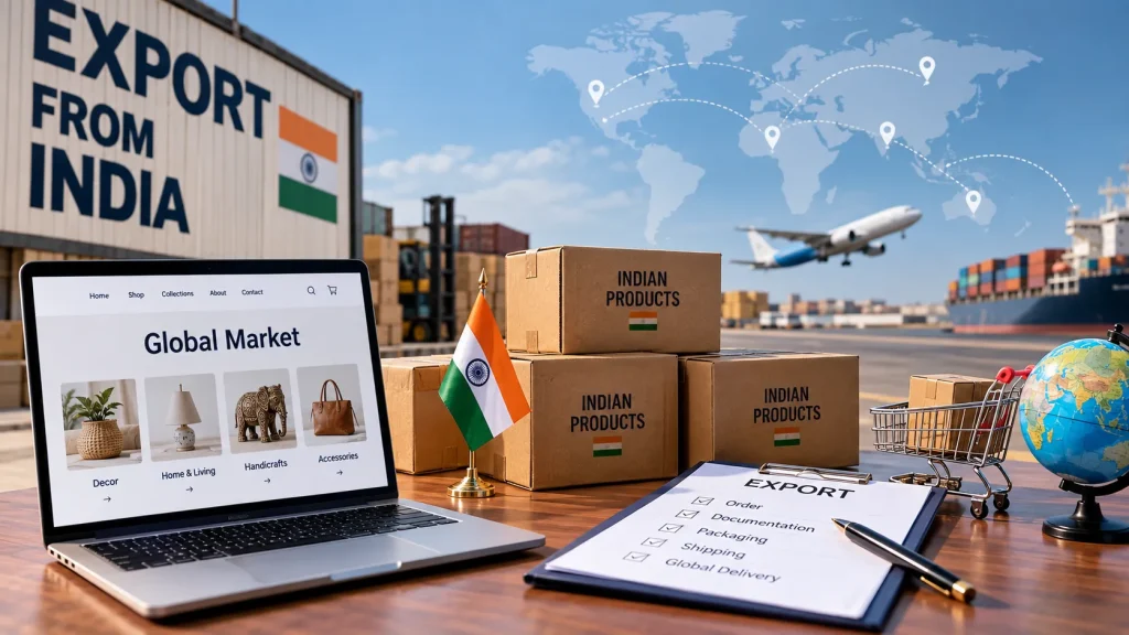 Cross-border e-commerce exports from India with international shipping and export logistics